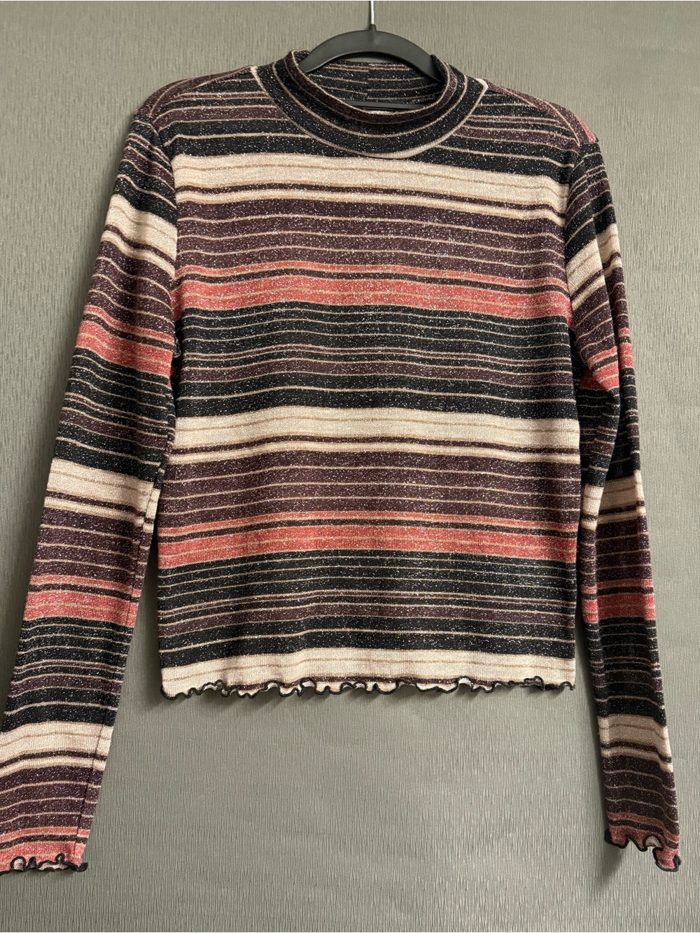 Candie's Multicolor Striped Shimmer Mock Neck Top Lettuce Trim Size Large